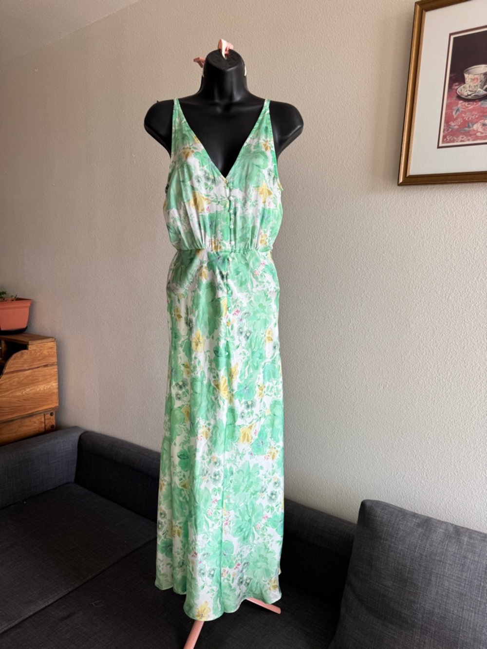 Xs Zara Mint Green Floral V-Neck Maxi Dress